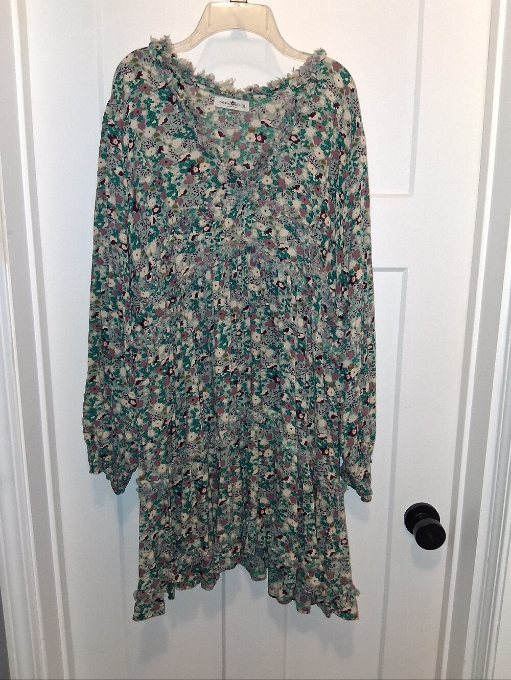 NATURAL LIFE Green Multi Floral Tiered Long Sleeve Dress Size XL